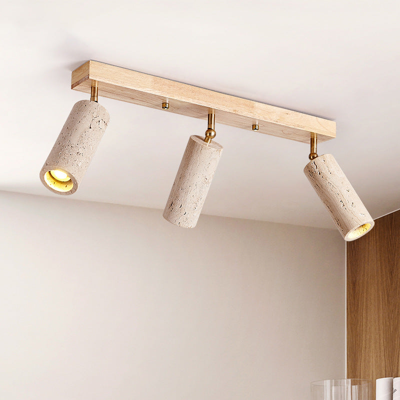Contemporain Scandinave Travertin Bois Fer Linéaire Plafonnier Semi-Affleurant à 3 Lumières Pour Salon 