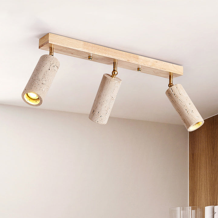 Contemporain Scandinave Travertin Bois Fer Linéaire Plafonnier Semi-Affleurant à 3 Lumières Pour Salon 
