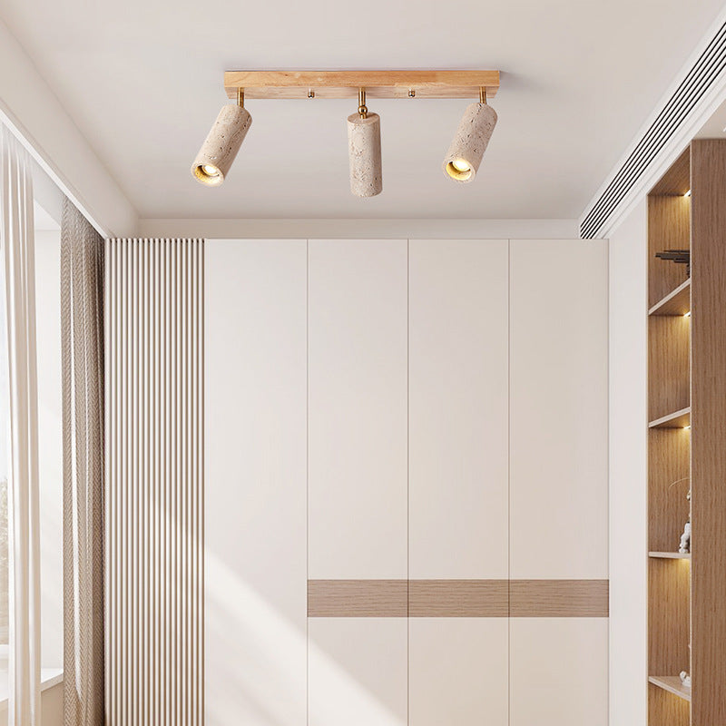 Contemporain Scandinave Travertin Bois Fer Linéaire Plafonnier Semi-Affleurant à 3 Lumières Pour Salon 