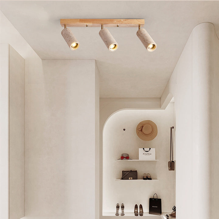 Contemporain Scandinave Travertin Bois Fer Linéaire Plafonnier Semi-Affleurant à 3 Lumières Pour Salon 