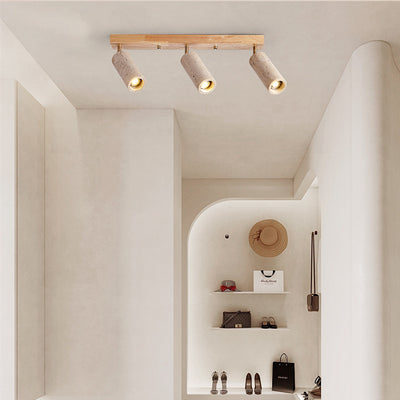Contemporary Scandinavian Travertine Wood Iron Linear 3-Light Semi-Flush Mount Ceiling Light For Living Room