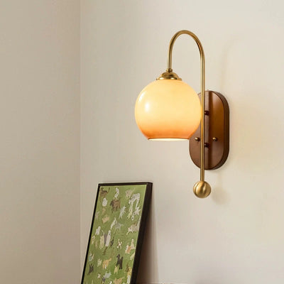 Contemporary Scandinavian Oak Iron Glass Round 1-Light Wall Sconce Lamp For Bedroom