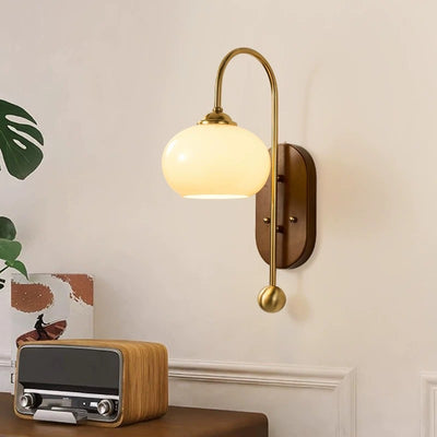 Contemporary Scandinavian Oak Iron Glass Round 1-Light Wall Sconce Lamp For Bedroom
