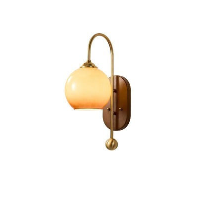 Contemporary Scandinavian Oak Iron Glass Round 1-Light Wall Sconce Lamp For Bedroom