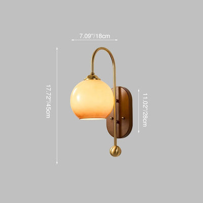 Contemporary Scandinavian Oak Iron Glass Round 1-Light Wall Sconce Lamp For Bedroom