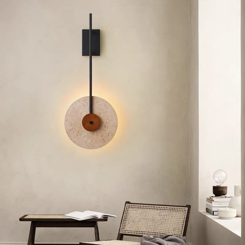 Traditional Japanese Walnut Travertine Iron Round LED Wall Sconce Lamp For Living Room