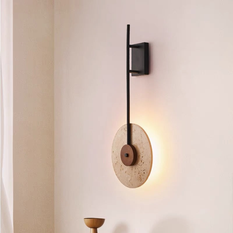 Traditional Japanese Walnut Travertine Iron Round LED Wall Sconce Lamp For Living Room