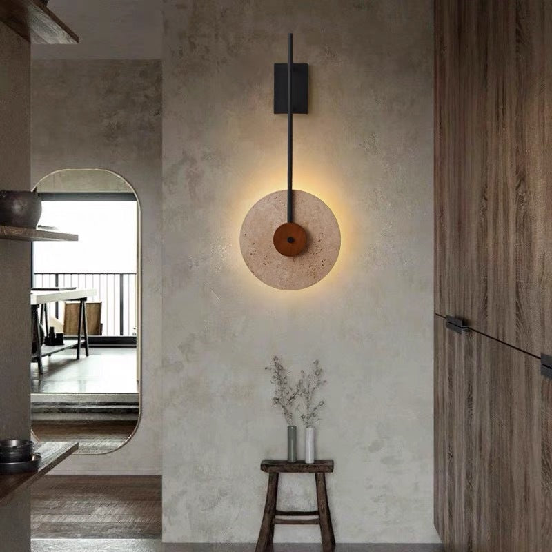 Traditional Japanese Walnut Travertine Iron Round LED Wall Sconce Lamp For Living Room