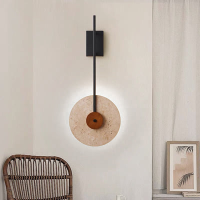 Traditional Japanese Walnut Travertine Iron Round LED Wall Sconce Lamp For Living Room