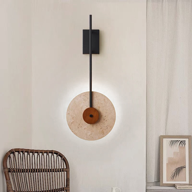 Traditional Japanese Walnut Travertine Iron Round LED Wall Sconce Lamp For Living Room