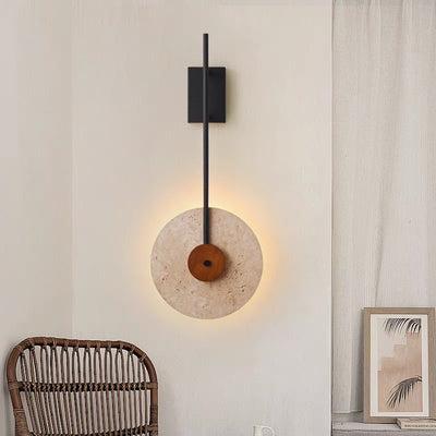 Traditional Japanese Walnut Travertine Iron Round LED Wall Sconce Lamp For Living Room