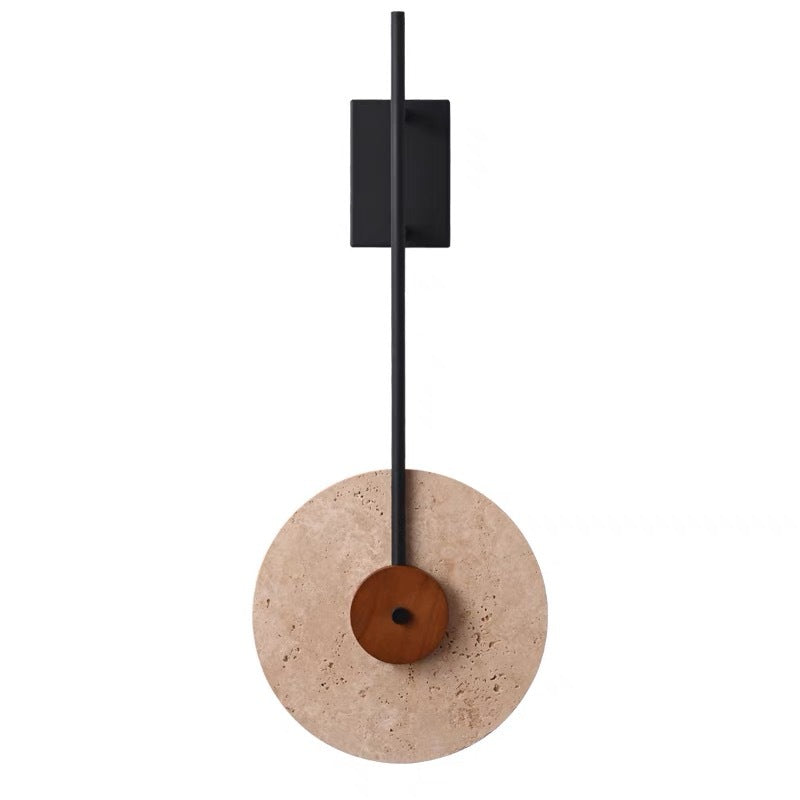 Traditional Japanese Walnut Travertine Iron Round LED Wall Sconce Lamp For Living Room