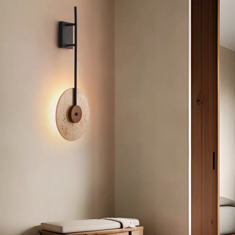 Traditional Japanese Walnut Travertine Iron Round LED Wall Sconce Lamp For Living Room