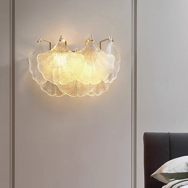 Contemporary Luxury Metal Glass Ginkgo Leaf Shape 2-Light Wall Sconce Lamp For Living Room