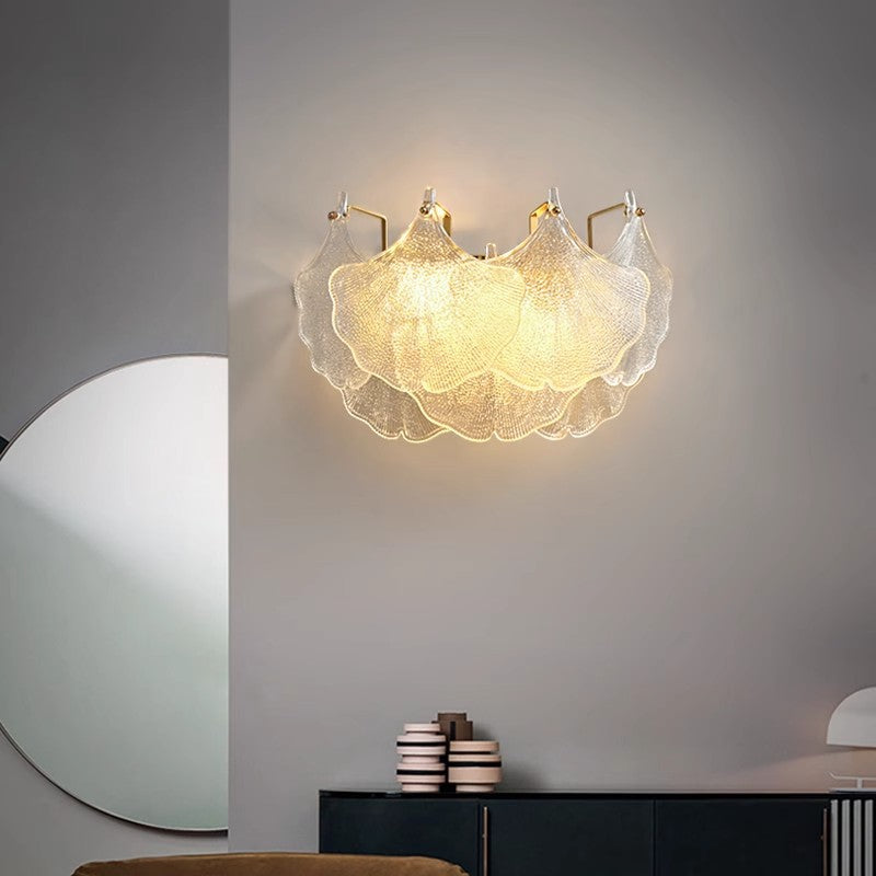 Contemporary Luxury Metal Glass Ginkgo Leaf Shape 2-Light Wall Sconce Lamp For Living Room