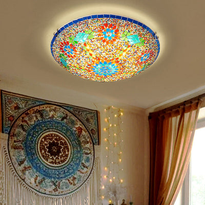 Traditional Tiffany Metal Glass Floral Pattern Round 2/3/4 Light Flush Mount Ceiling Light For Bedroom