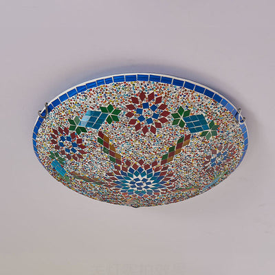 Traditional Tiffany Metal Glass Floral Pattern Round 2/3/4 Light Flush Mount Ceiling Light For Bedroom