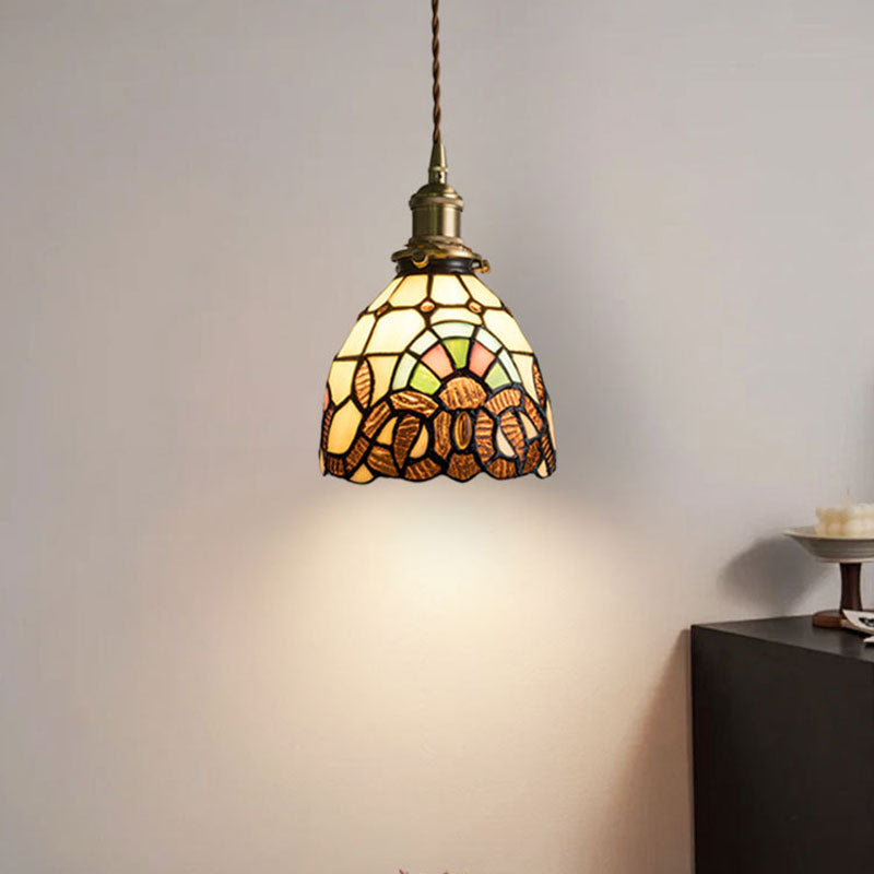 Traditional Tiffany Copper Glass Round 1-Light Pendant Light For Bedroom