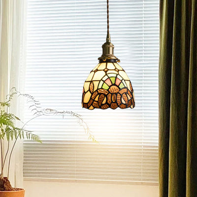 Traditional Tiffany Copper Glass Round 1-Light Pendant Light For Bedroom