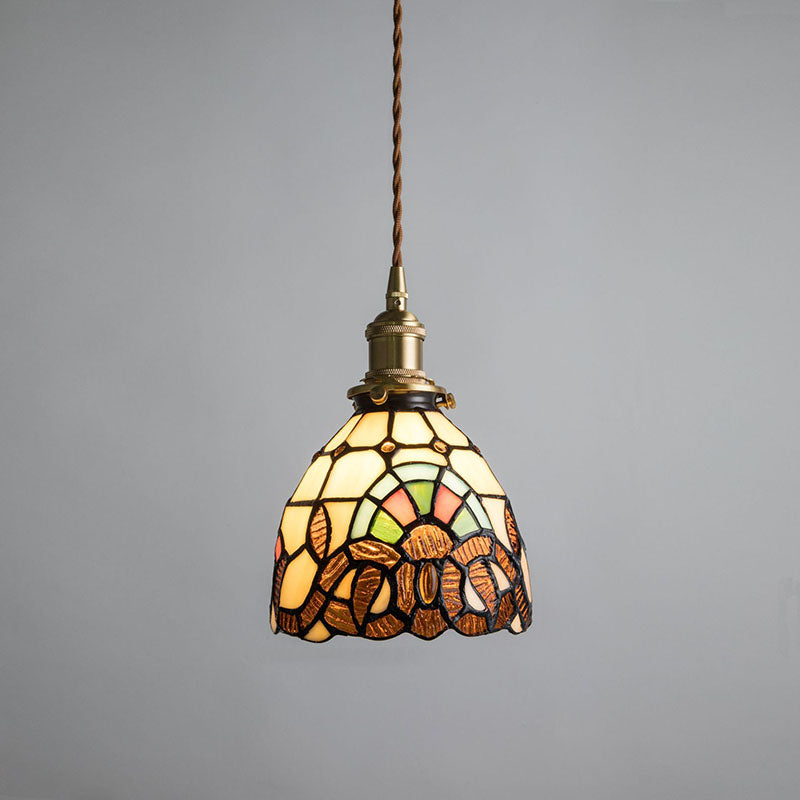 Traditional Tiffany Copper Glass Round 1-Light Pendant Light For Bedroom
