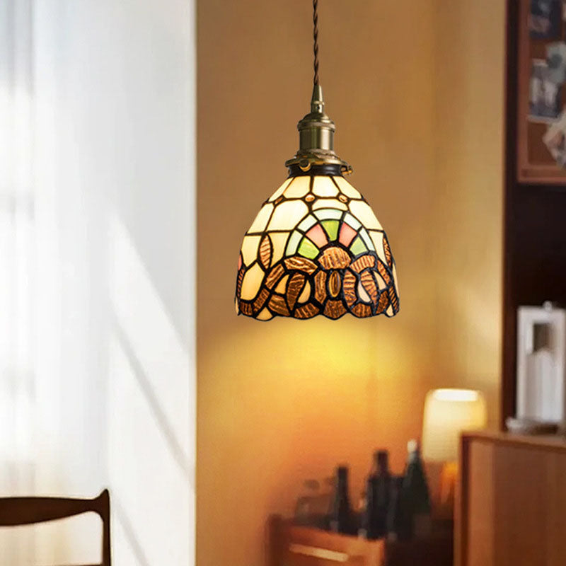 Traditional Tiffany Copper Glass Round 1-Light Pendant Light For Bedroom
