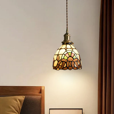 Traditional Tiffany Copper Glass Round 1-Light Pendant Light For Bedroom