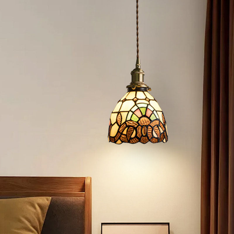 Traditional Tiffany Copper Glass Round 1-Light Pendant Light For Bedroom