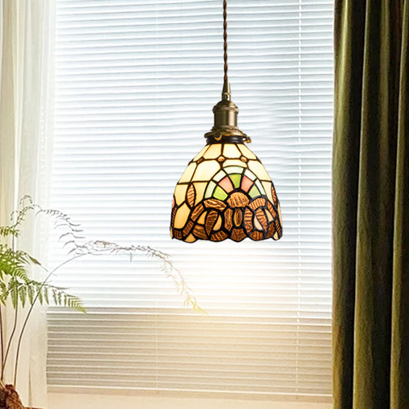Traditional Tiffany Copper Glass Round 1-Light Pendant Light For Bedroom