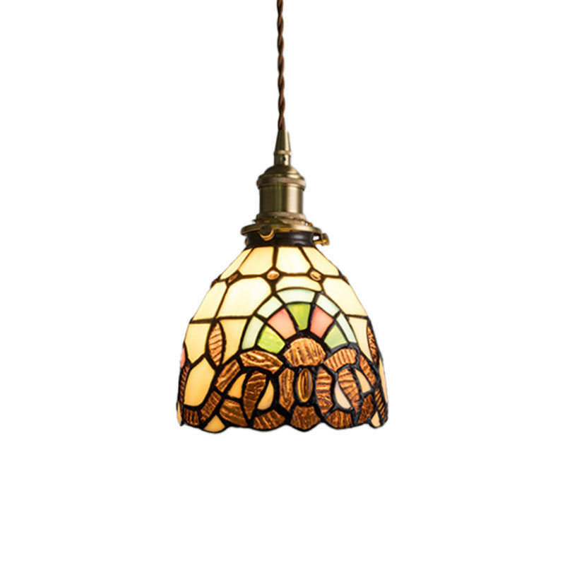 Traditional Tiffany Copper Glass Round 1-Light Pendant Light For Bedroom