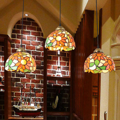 Traditional Tiffany Iron Glass Sunflower Round 3-Light Chandelier For Dining Room