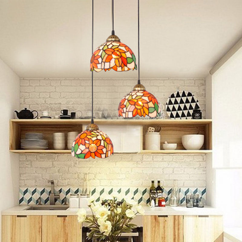 Traditional Tiffany Iron Glass Sunflower Round 3-Light Chandelier For Dining Room