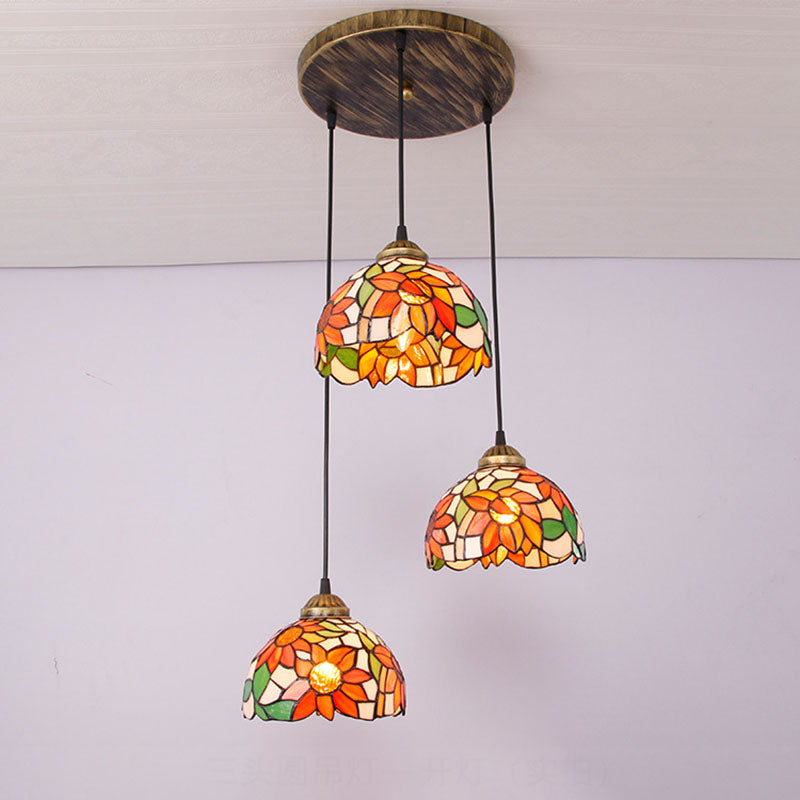 Traditional Tiffany Iron Glass Sunflower Round 3-Light Chandelier For Dining Room