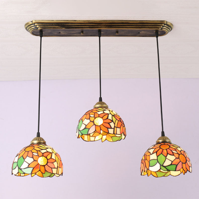 Traditional Tiffany Iron Glass Sunflower Round 3-Light Chandelier For Dining Room