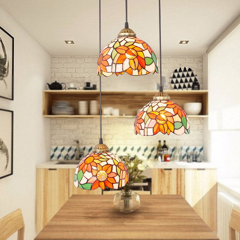Traditional Tiffany Iron Glass Sunflower Round 3-Light Chandelier For Dining Room