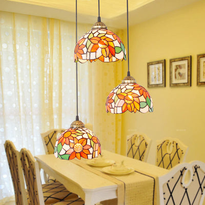 Traditional Tiffany Iron Glass Sunflower Round 3-Light Chandelier For Dining Room
