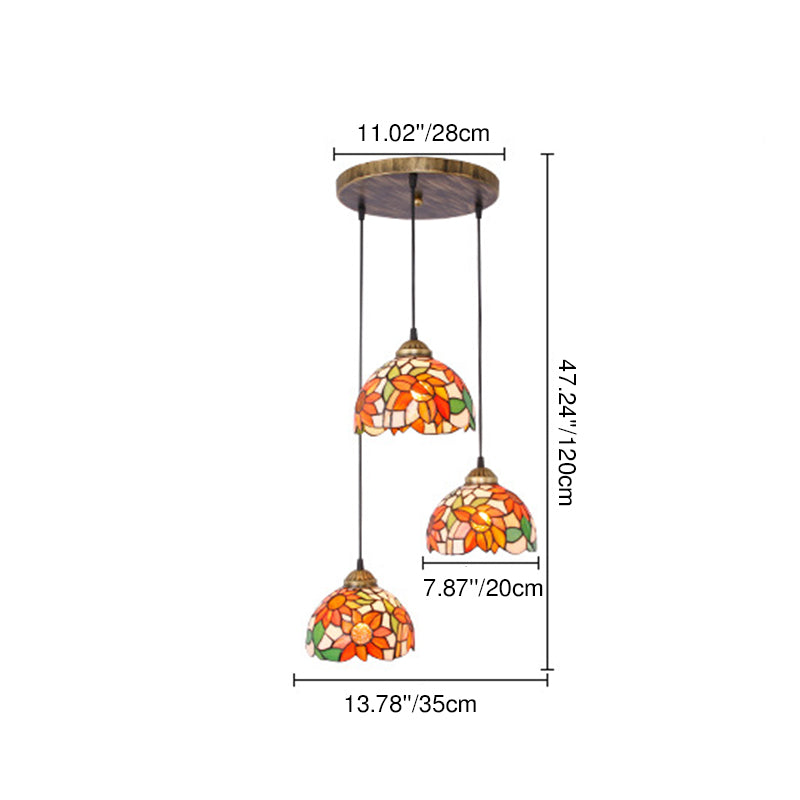 Traditional Tiffany Iron Glass Sunflower Round 3-Light Chandelier For Dining Room