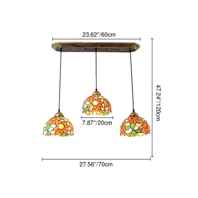 Traditional Tiffany Iron Glass Sunflower Round 3-Light Chandelier For Dining Room
