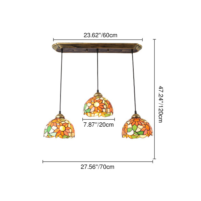 Traditional Tiffany Iron Glass Sunflower Round 3-Light Chandelier For Dining Room