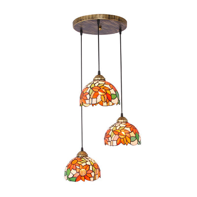 Traditional Tiffany Iron Glass Sunflower Round 3-Light Chandelier For Dining Room
