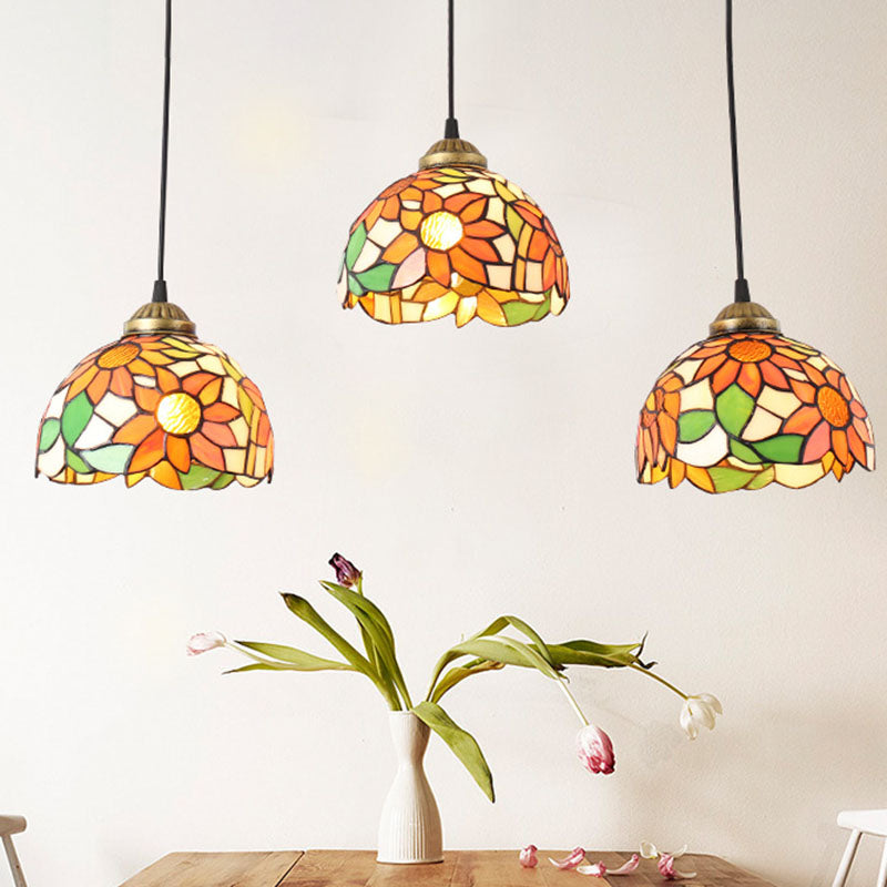 Traditional Tiffany Iron Glass Sunflower Round 3-Light Chandelier For Dining Room