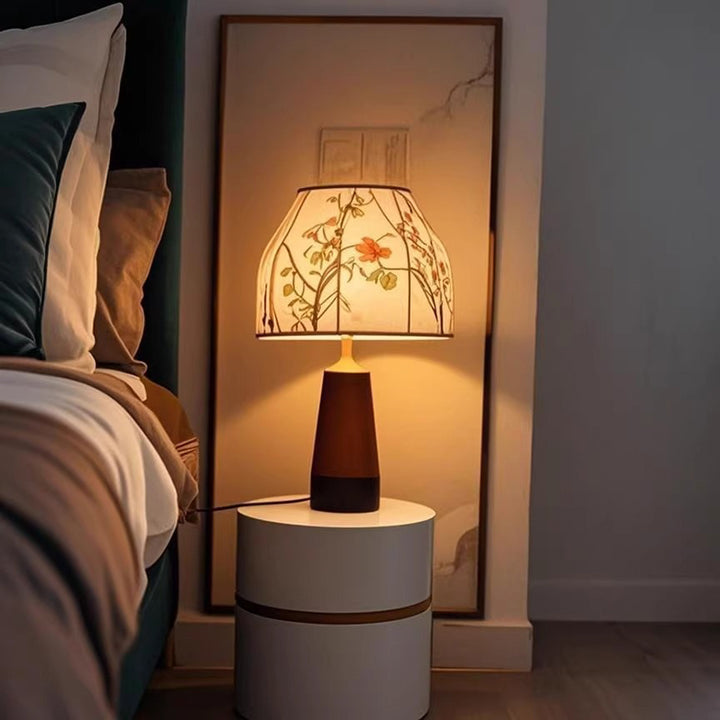 Lampe de table ronde 1 lumière en tissu bois cuivre Art déco moderne avec abat-jour pour chambre à coucher 