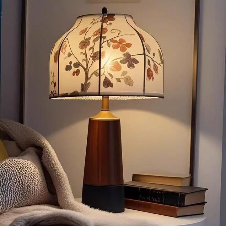 Lampe de table ronde 1 lumière en tissu bois cuivre Art déco moderne avec abat-jour pour chambre à coucher 