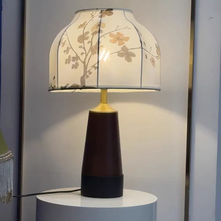 Lampe de table ronde 1 lumière en tissu bois cuivre Art déco moderne avec abat-jour pour chambre à coucher 