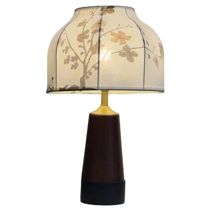 Lampe de table ronde 1 lumière en tissu bois cuivre Art déco moderne avec abat-jour pour chambre à coucher 