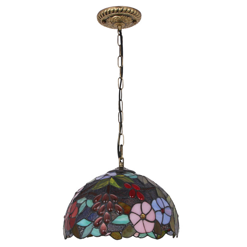 Traditional Tiffany Iron Glass Decorative Round 1-Light Pendant Light For Dining Room