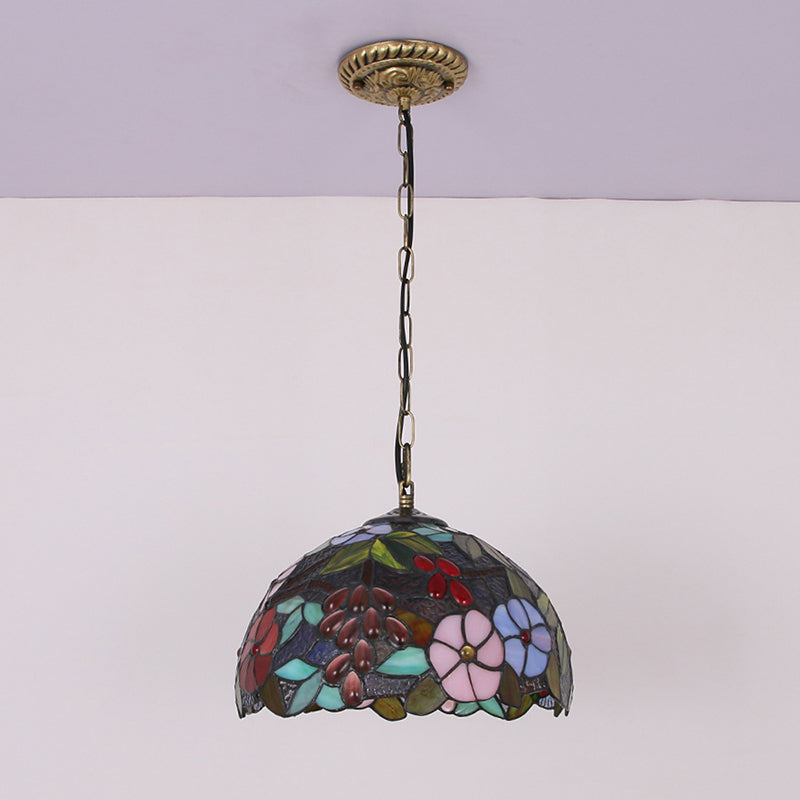 Traditional Tiffany Iron Glass Decorative Round 1-Light Pendant Light For Dining Room