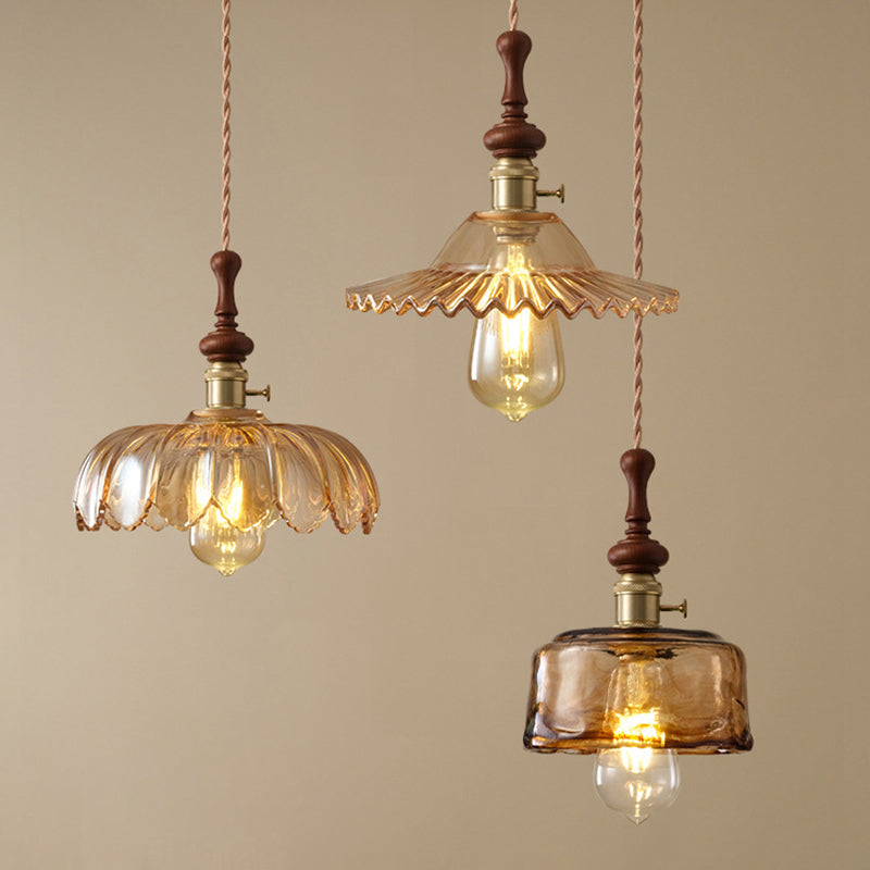 Traditional French Ash Wood Metal Glass Flower 1-Light Pendant Light For Bedroom