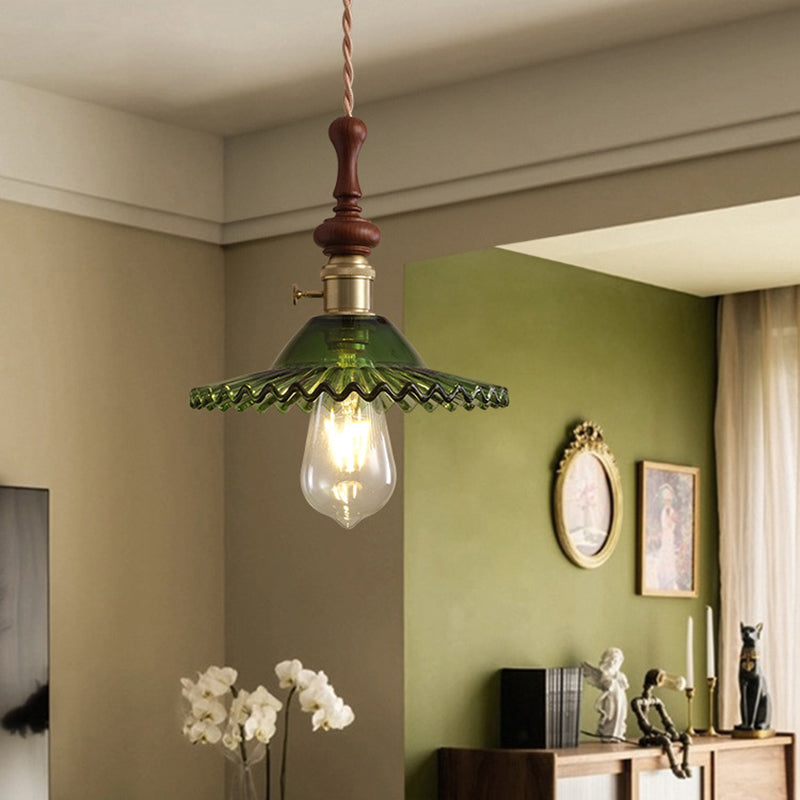 Traditional French Ash Wood Metal Glass Flower 1-Light Pendant Light For Bedroom