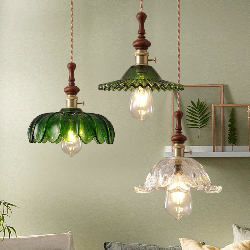 Traditional French Ash Wood Metal Glass Flower 1-Light Pendant Light For Bedroom