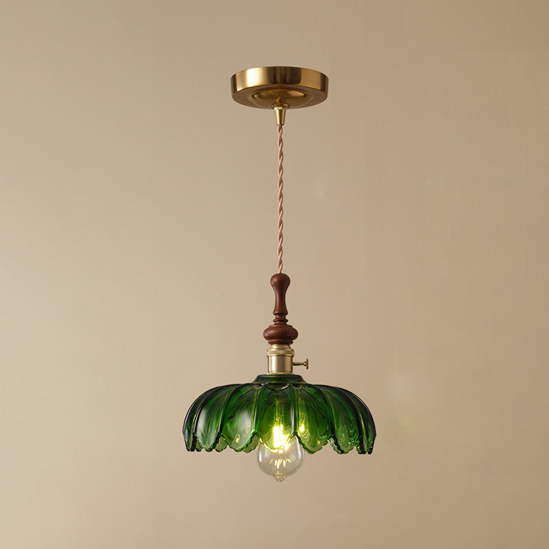 Traditional French Ash Wood Metal Glass Flower 1-Light Pendant Light For Bedroom